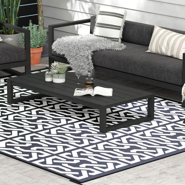 Outsunny 9' X 12' Reversible Outdoor Rug With Carry Bag Black & White Chain Design