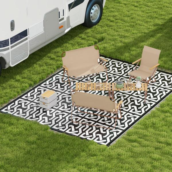 Outsunny 9' X 12' Reversible Outdoor Rug With Carry Bag Black & White Chain Design