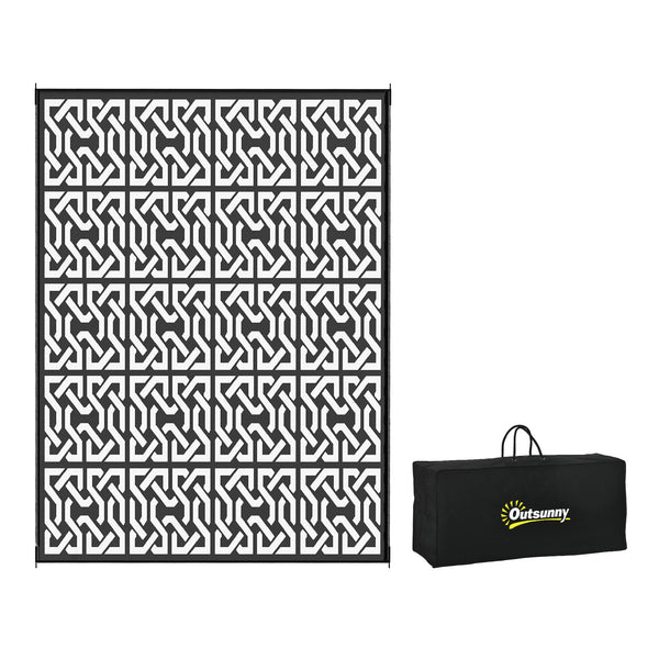 outsunny 9' x 12' Reversible Outdoor Rug with Carry Bag Black & White Chain Design