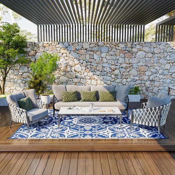 Outsunny 9' X 12' Reversible Waterproof Outdoor Rug Blue & White Floral Design For Deck Beach Camping