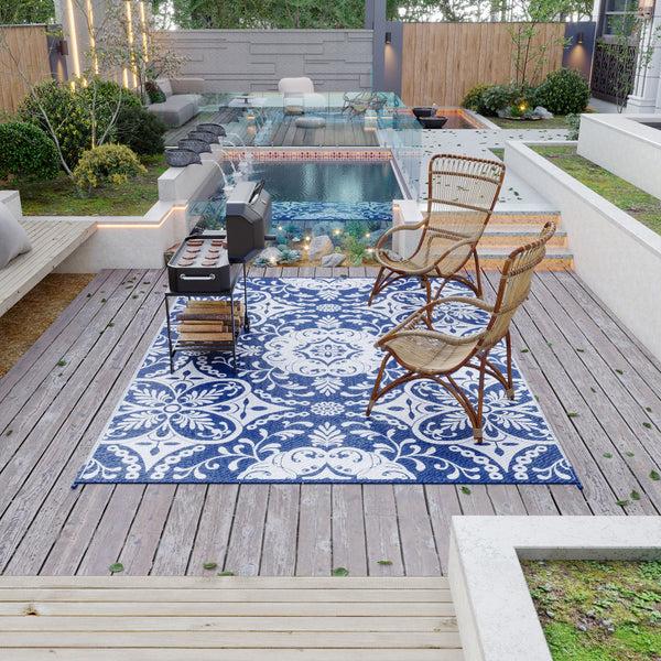 Outsunny 9' X 12' Reversible Waterproof Outdoor Rug Blue & White Floral Design For Deck Beach Camping