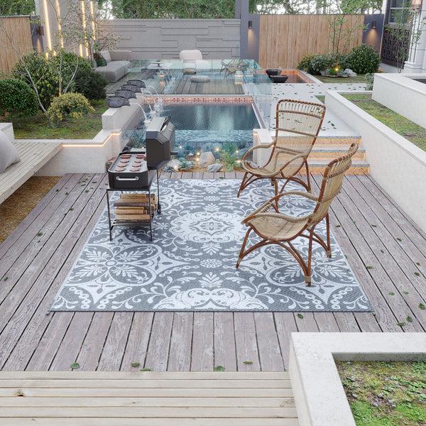 Outsunny 9' X 12' Reversible Waterproof Outdoor Rug Portable Camping Mat Gray White Floral