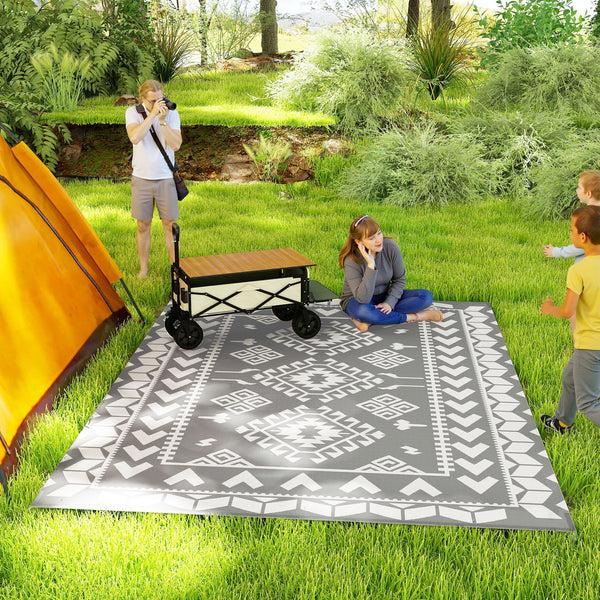 Outsunny 9' X 12' Waterproof Reversible Outdoor Rug With Carry Bag Gray & White Rhombus Pattern