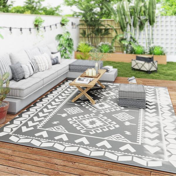 Outsunny 9' X 12' Waterproof Reversible Outdoor Rug With Carry Bag Gray & White Rhombus Pattern