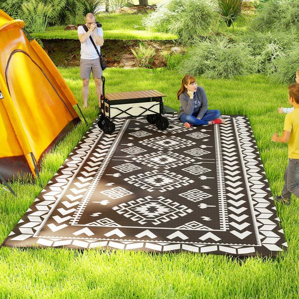 Outsunny 9' X 18' Outdoor Rug Waterproof Reversible Straw Material Black & White Rhombus Pattern