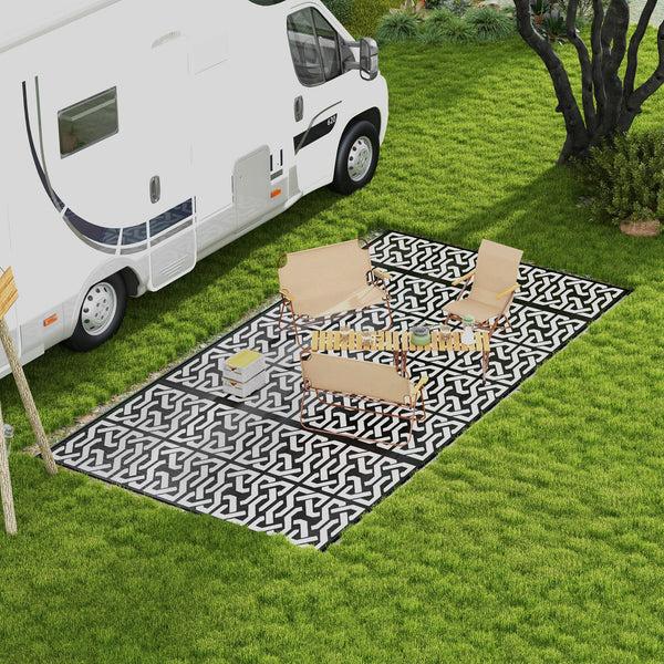 Outsunny 9' X 18' Reversible Outdoor Camping Rug With Carry Bag Black & White Chain