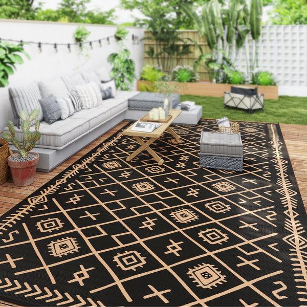 Outsunny 9' X 18' Reversible Outdoor Rug Waterproof Plastic Straw Black & Brown Rhombus Pattern