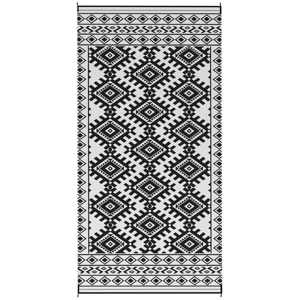 Outsunny 9' X 18' Reversible Outdoor Rug Waterproof Plastic Straw With Carry Bag Black & White Rhombus Border