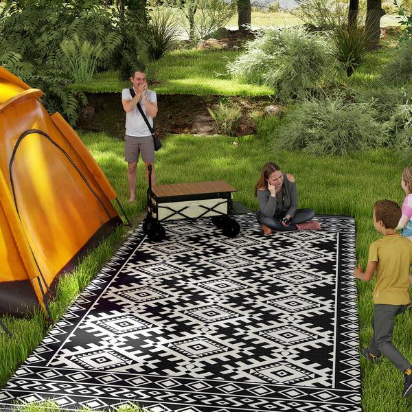 Outsunny 9' X 18' Reversible Outdoor Rug Waterproof Plastic Straw With Carry Bag Black & White Rhombus Border