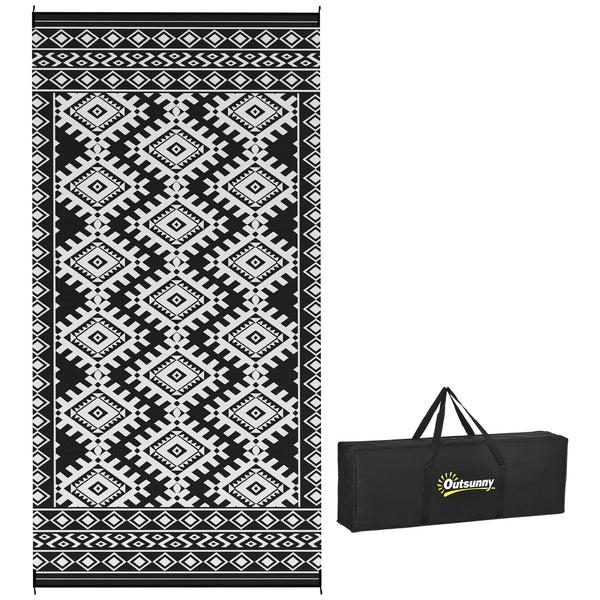 outsunny 9' x 18' Reversible Outdoor Rug Waterproof Plastic Straw with Carry Bag Black & White Rhombus Border