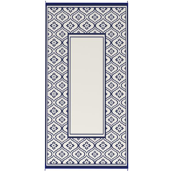 Outsunny 9' X 18' Reversible Outdoor Rug Waterproof Plastic Straw Blue & White Gourd Border