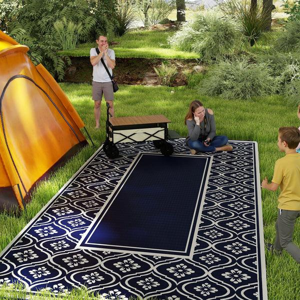 Outsunny 9' X 18' Reversible Outdoor Rug Waterproof Plastic Straw Blue & White Gourd Border