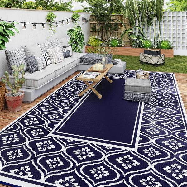 Outsunny 9' X 18' Reversible Outdoor Rug Waterproof Plastic Straw Blue & White Gourd Border