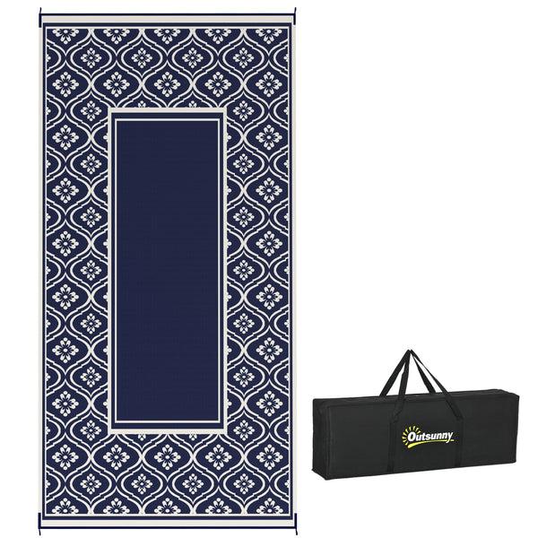 outsunny 9' x 18' Reversible Outdoor Rug Waterproof Plastic Straw Blue & White Gourd Border