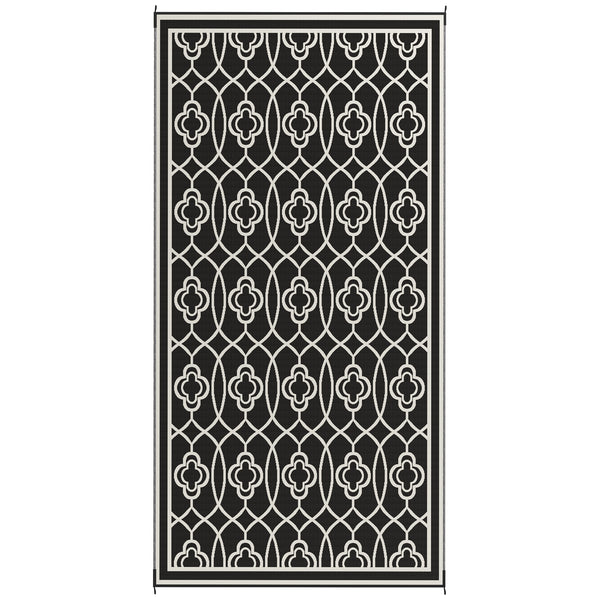 Outsunny 9' X 18' Reversible Outdoor Rug Waterproof Plastic Straw With Carry Bag Black & White Lantern