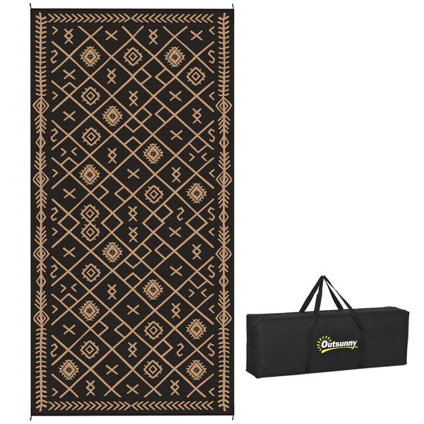 outsunny 9' x 18' Reversible Outdoor Rug Waterproof Plastic Straw Black & Brown Rhombus Pattern