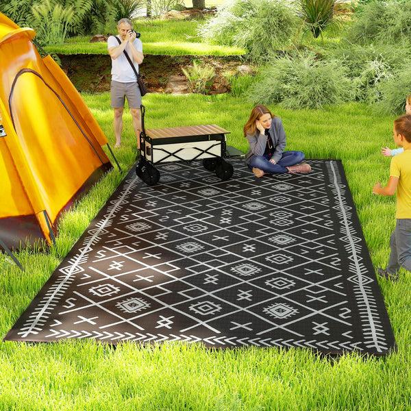 Outsunny 9' X 18' Reversible Waterproof Outdoor Rug Black & Gray Rhombus