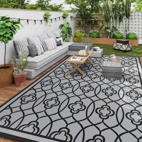 Outsunny 9' X 18' Reversible Waterproof Outdoor Rug Black & Gray
