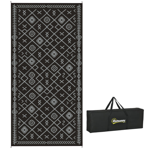 outsunny 9' x 18' Reversible Waterproof Outdoor Rug Black & Gray Rhombus