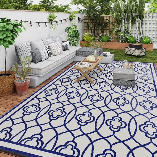 Outsunny 9' X 18' Reversible Waterproof Outdoor Rug Blue & White Lantern