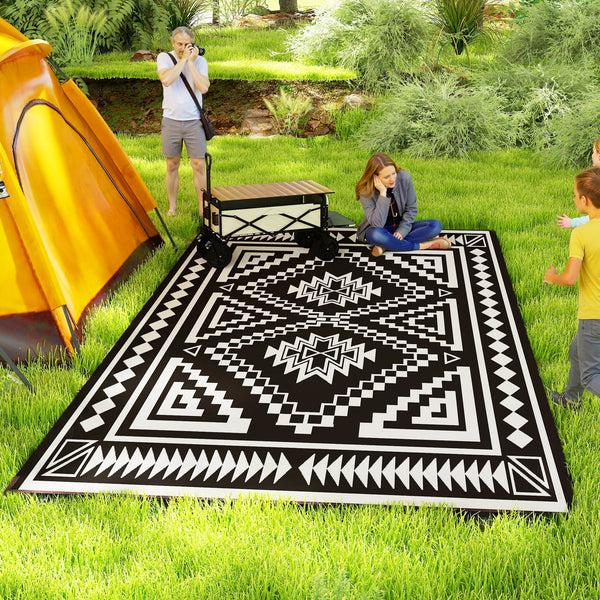 Outsunny 9' X 18' Reversible Waterproof Outdoor Rug With Carry Bag Black & White Square Patchwork