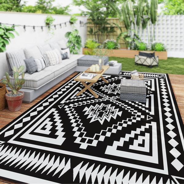 Outsunny 9' X 18' Reversible Waterproof Outdoor Rug With Carry Bag Black & White Square Patchwork
