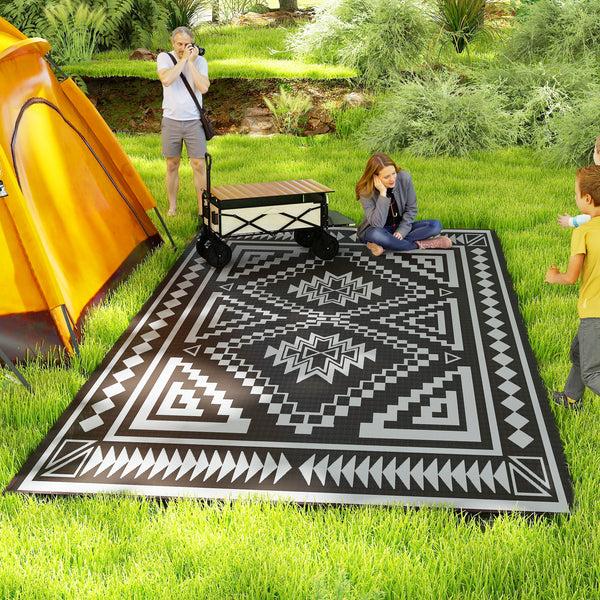 Outsunny 9' X 18' Reversible Waterproof Outdoor Rug With Carry Bag Black & Gray Square Patchwork