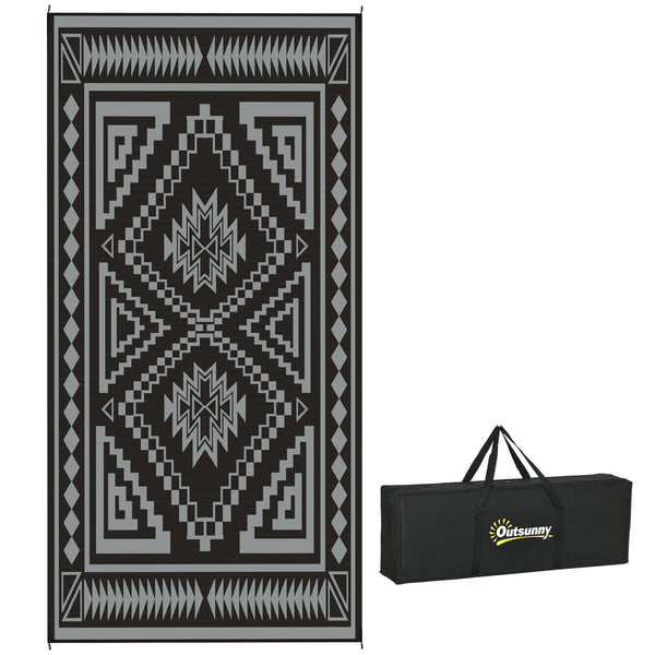 outsunny 9' x 18' Reversible Waterproof Outdoor Rug with Carry Bag Black & Gray Square Patchwork