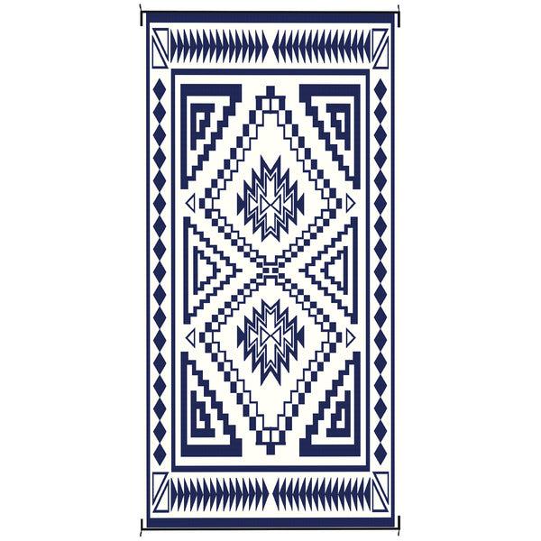 Outsunny 9' X 18' Reversible Waterproof Outdoor Rug With Carry Bag Blue & White Square Patchwork Design