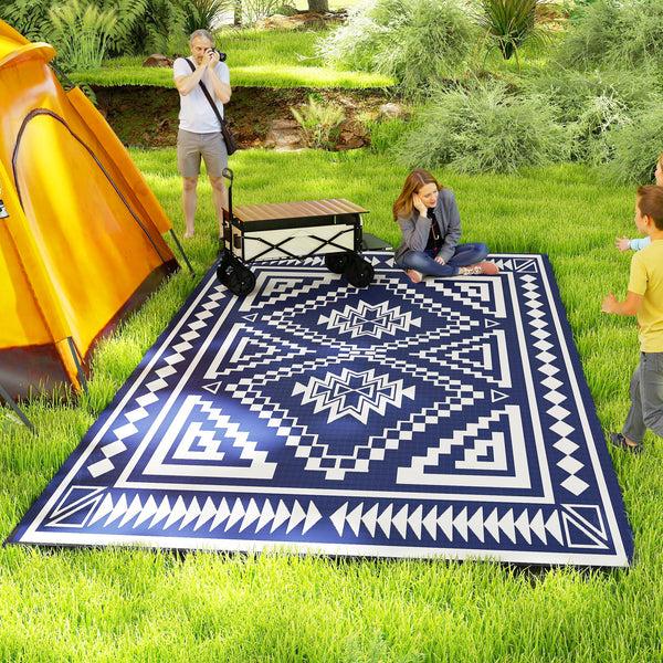 Outsunny 9' X 18' Reversible Waterproof Outdoor Rug With Carry Bag Blue & White Square Patchwork Design