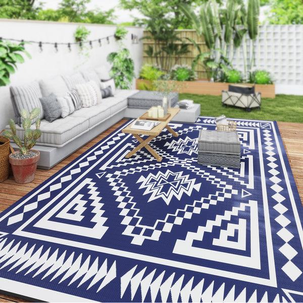 Outsunny 9' X 18' Reversible Waterproof Outdoor Rug With Carry Bag Blue & White Square Patchwork Design