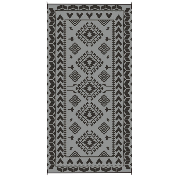Outsunny 9' X 18' Reversible Waterproof Outdoor Rug With Carry Bag Black & Gray Rhombus Patchwork