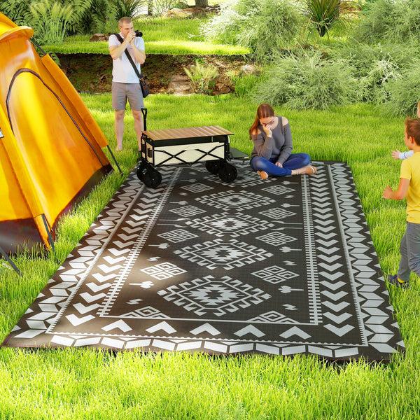 Outsunny 9' X 18' Reversible Waterproof Outdoor Rug With Carry Bag Black & Gray Rhombus Patchwork
