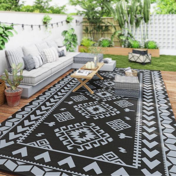 Outsunny 9' X 18' Reversible Waterproof Outdoor Rug With Carry Bag Black & Gray Rhombus Patchwork