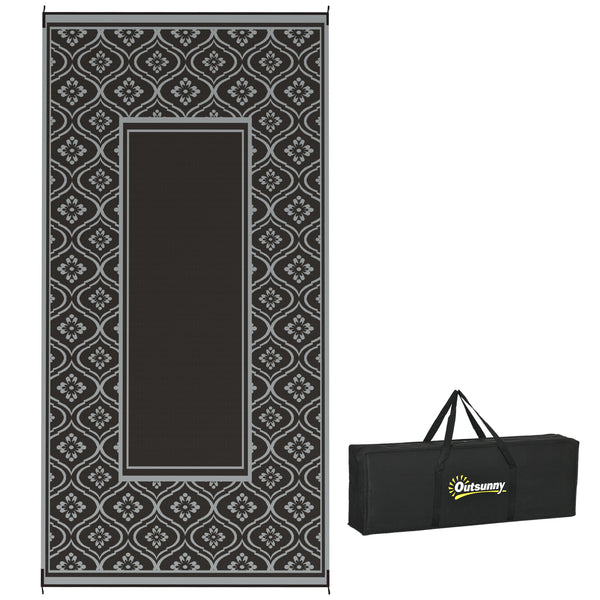 outsunny 9' x 18' Reversible Waterproof Outdoor Rug with Carry Bag Black & Gray Border