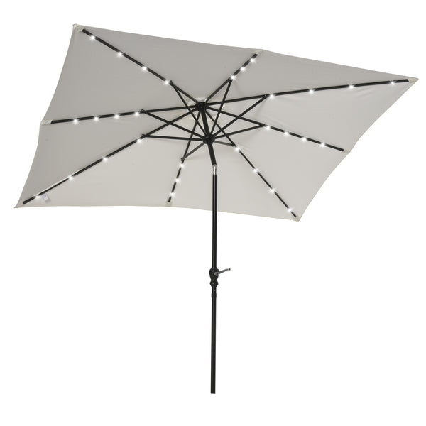 Outsunny 9' X 7' Patio Umbrella With Crank Solar LED Lights 45° Tilt Push-Button Operation White