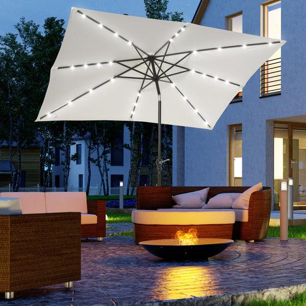 Outsunny 9' X 7' Patio Umbrella With Crank Solar LED Lights 45° Tilt Push-Button Operation White