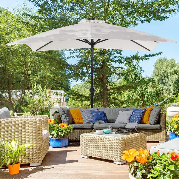 Outsunny 9' X 7' Patio Umbrella With Crank Solar LED Lights 45° Tilt Push-Button Operation White