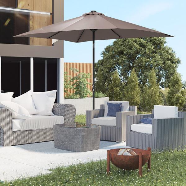 Outsunny 9' X 7' Solar Patio Umbrella With Crank LED Lights Tilting Push-Button Tan