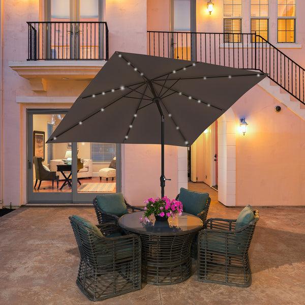 Outsunny 9' X 7' Solar Patio Umbrella With Crank LED Lights Tilting Push-Button Tan