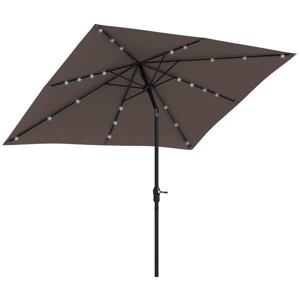 outsunny 9' x 7' Solar Patio Umbrella with Crank LED Lights Tilting Push-Button Tan