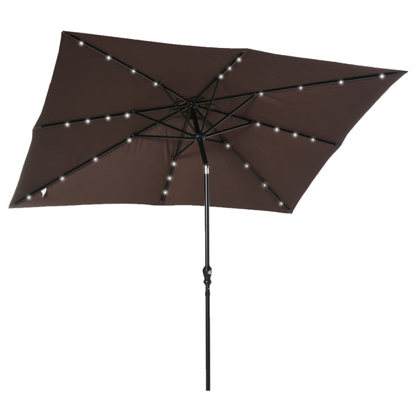 Outsunny 9' X 7' Solar Umbrella LED Lighted Tilt & Crank For Outdoor Garden Deck Brown
