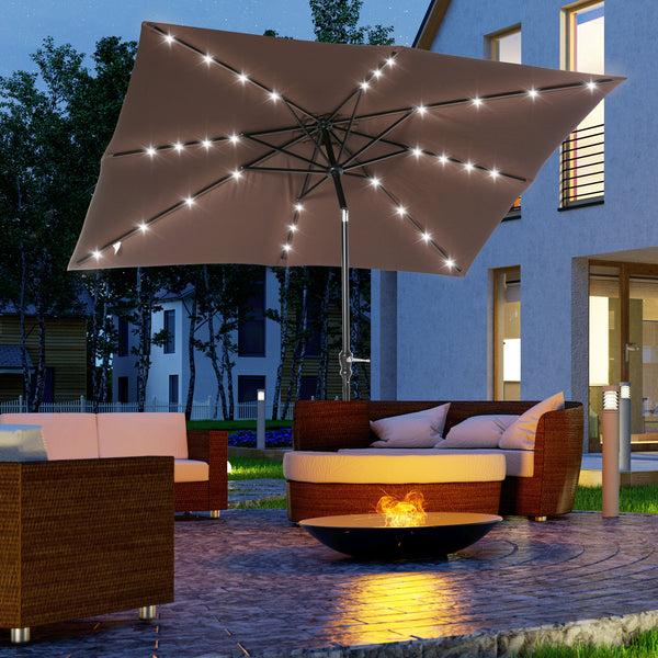 Outsunny 9' X 7' Solar Umbrella LED Lighted Tilt & Crank For Outdoor Garden Deck Brown