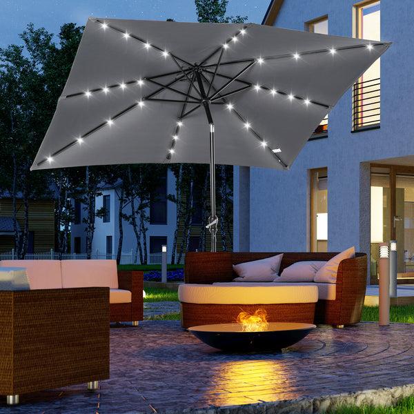 Outsunny 9' X 7' Solar Umbrella With LED Lighted Tilt & Crank Dark Gray