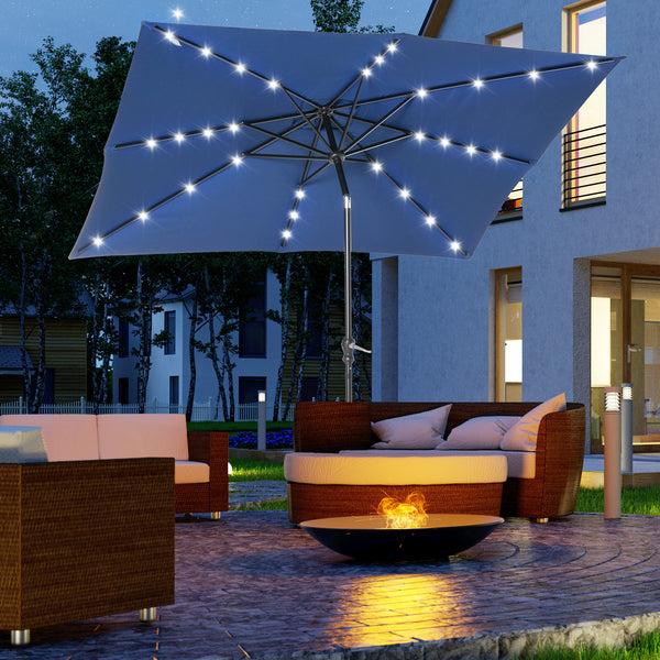 Outsunny 9' X 7' Solar Umbrella With LED Lighted Tilt & Crank For Garden Deck Pool Blue