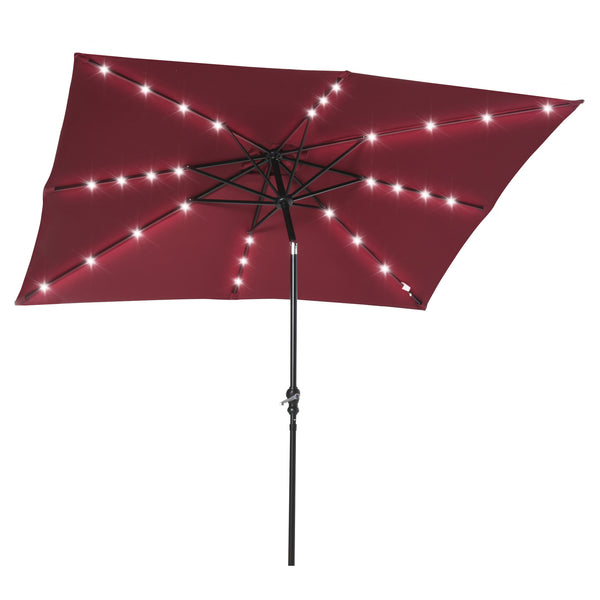 Outsunny 9' X 7' Solar Umbrella With LED Lighted Tilt & Crank Wine Red