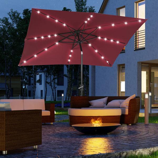 Outsunny 9' X 7' Solar Umbrella With LED Lighted Tilt & Crank Wine Red