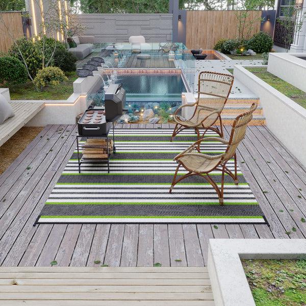 Outsunny 9' X12' Waterproof Outdoor Rug Portable RV Camping & Beach Mat In Green & Gray Stripes