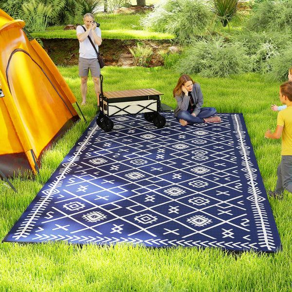 Outsunny 9' X18' Reversible Waterproof Plastic Straw Rug Blue & White Rhombus Pattern