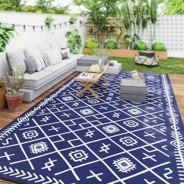 Outsunny 9' X18' Reversible Waterproof Plastic Straw Rug Blue & White Rhombus Pattern